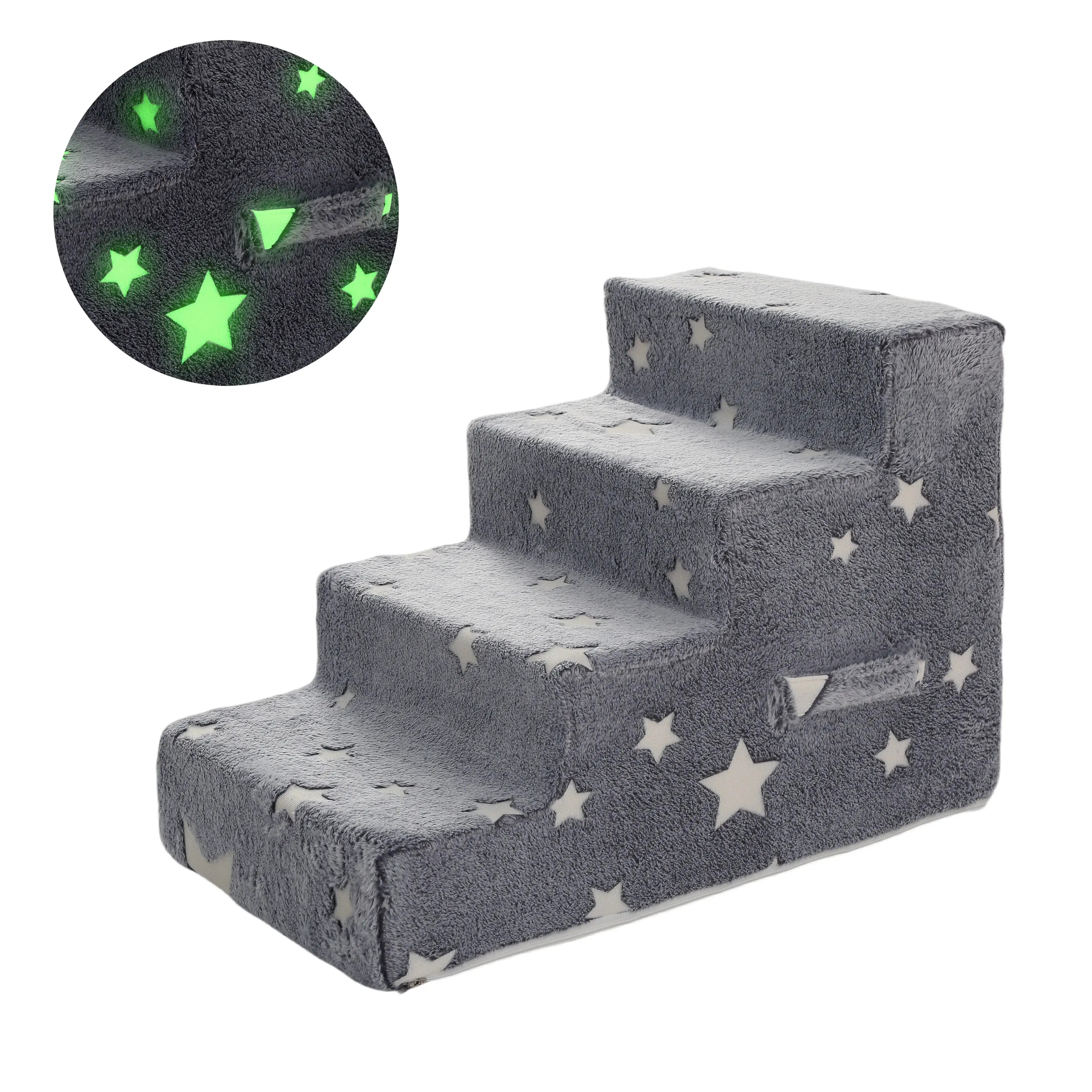 dog ramp stairs for pets with soft grey fabric and glowing star pattern, designed for easy pet access.