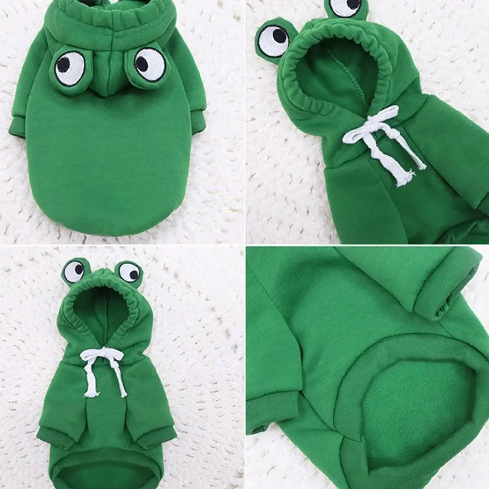 dog winter sweatshirt green frog hooded pullover costume for small, medium, and large dogs, warm soft two-leg fit