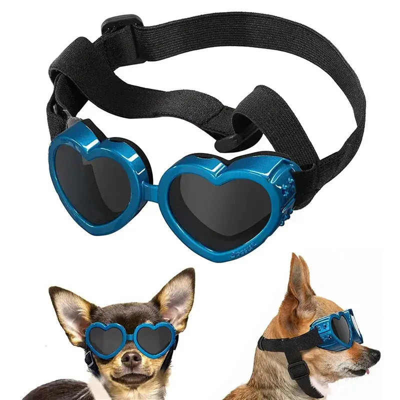 Heart-shaped dog sunglasses with adjustable strap for small pets, UV protection goggles for cats and dogs