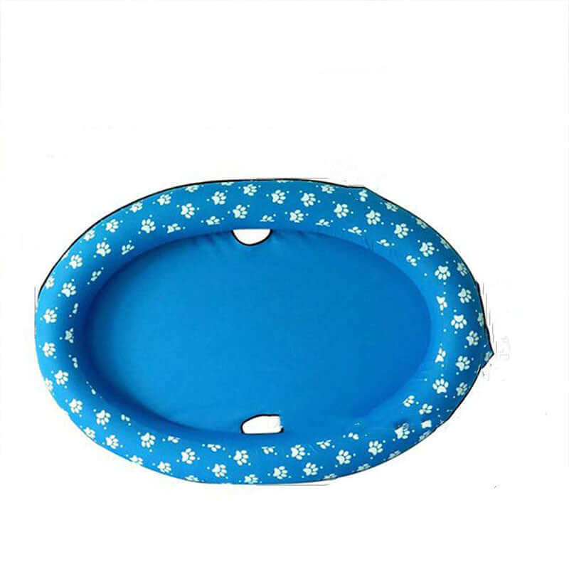 Inflatable dog swimming pool float in blue with paw prints, designed for pets to relax in water during summer.