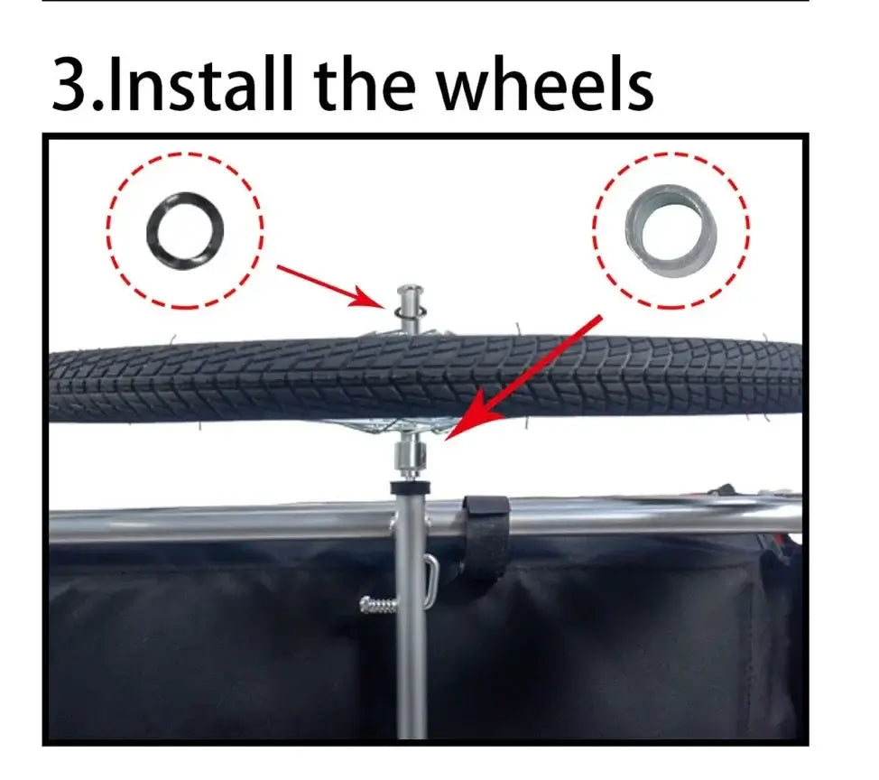 3. Install the wheels for the Outdoor Dog Carriers Small Trailer Portable Folding Storage Small Medium Dogs Travel Bicycle Trailer Dog Supplies Pet Products.