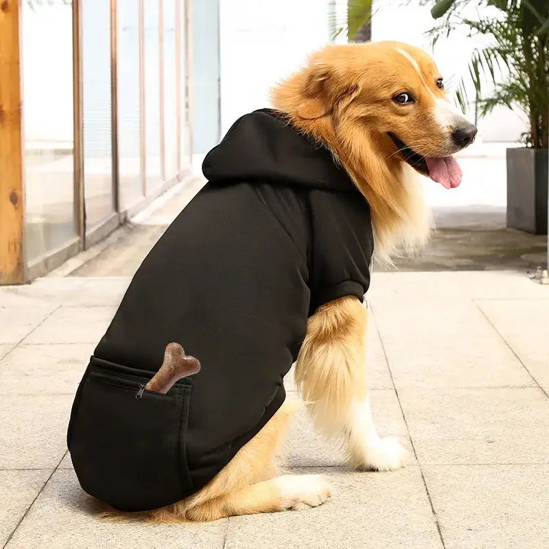 large dog hoodie with pockets black fleece hooded sweatshirt for Golden Retriever, pet clothing for spring and autumn