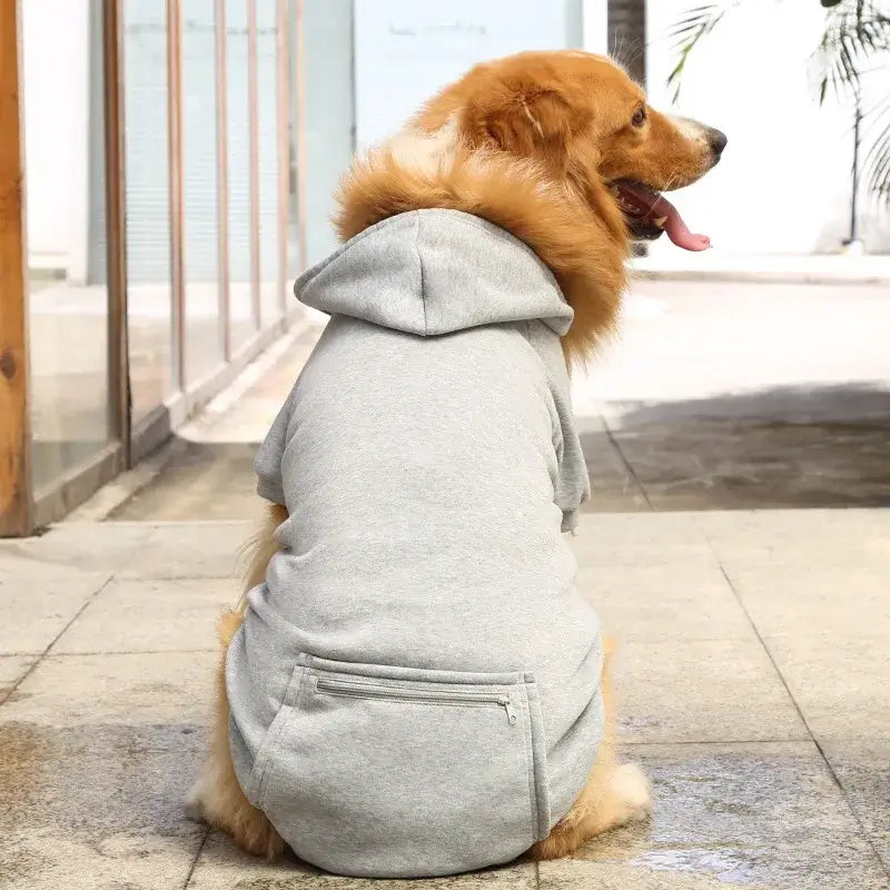 large dog hoodie with pockets gray fleece hooded sweatshirt for Golden Retriever pet clothing, spring and autumn