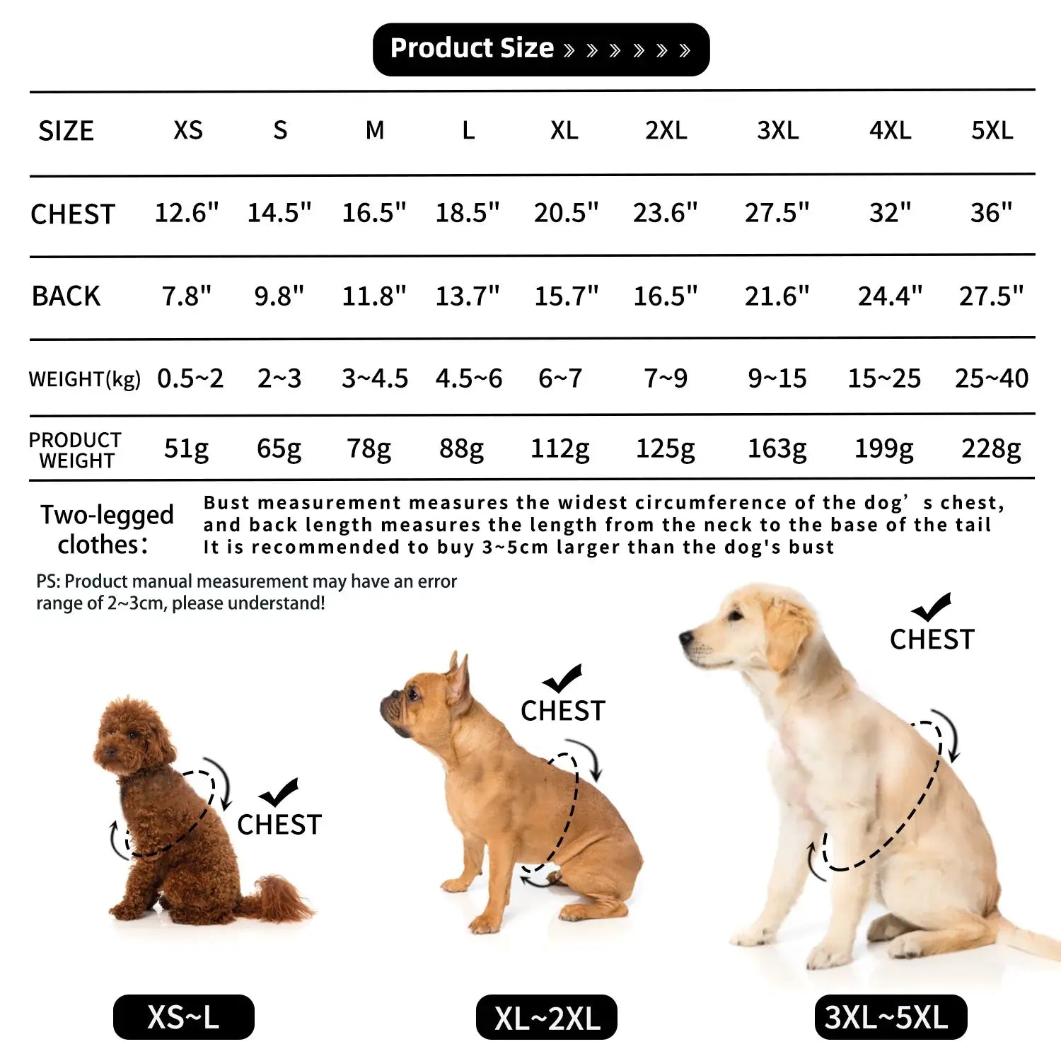 Product size chart for large dog hoodie with pockets, showing chest, back, and weight measurements for XS to 5XL