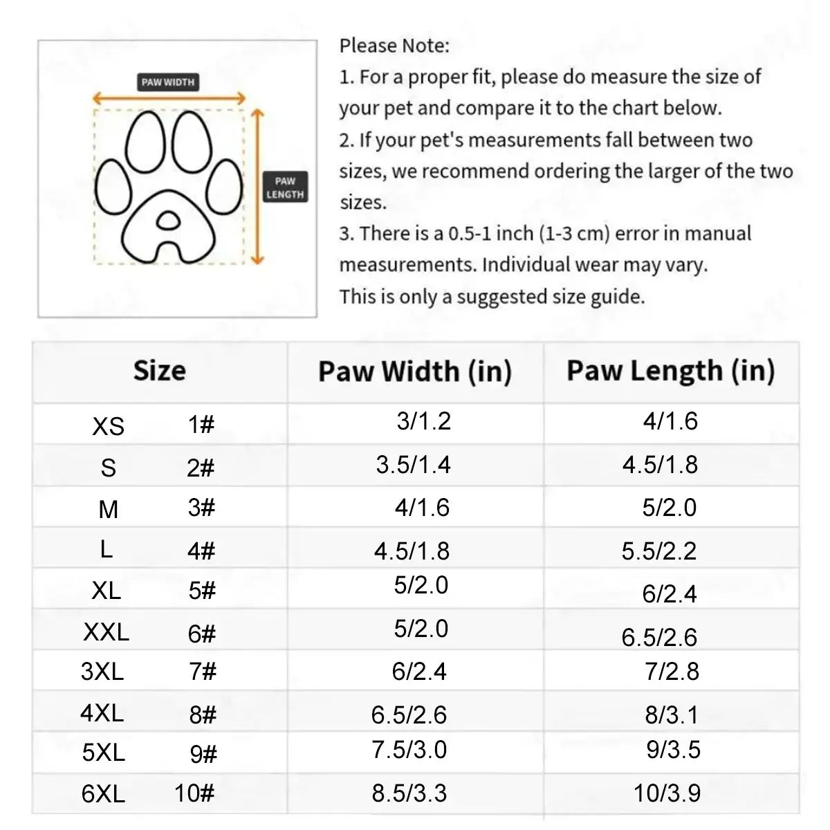 water-resistant dog shoes for large dogs size chart showing paw width and paw length measurements for accurate fit