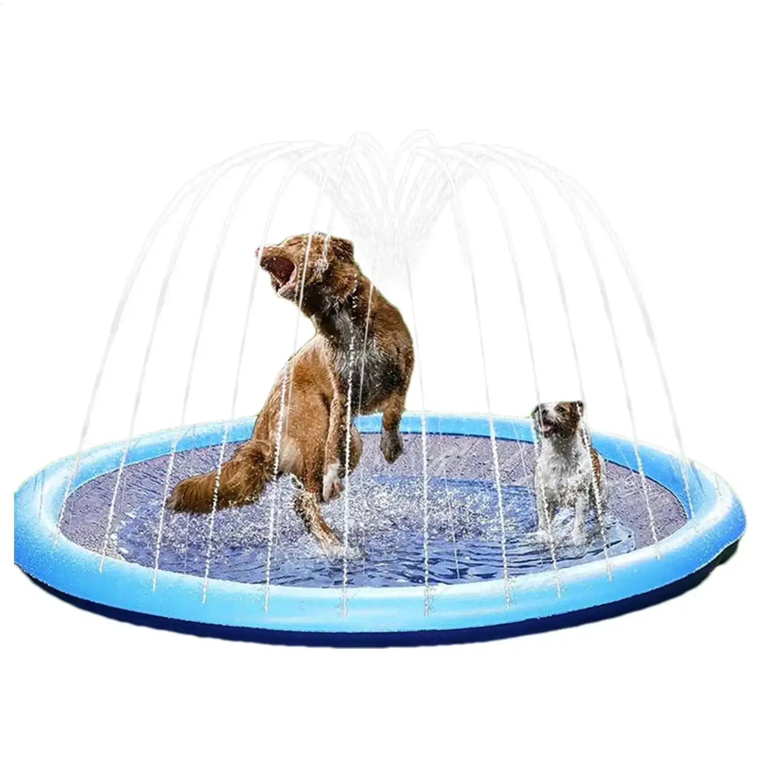 Dogs playing in large inflatable dog pool with water fountain in summer garden.
