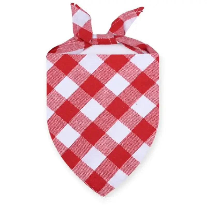 Pink plaid dog bandana scarf with red and white cotton check pattern, washable triangular pet bib for dogs and cats