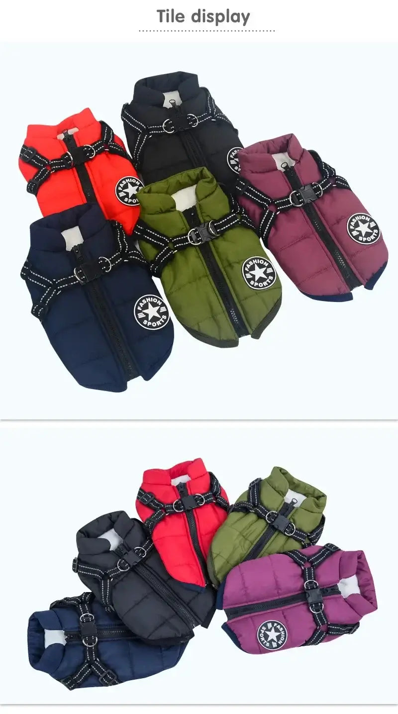 Colorful waterproof dog winter jacket with harness for small and large dogs, warm winter pet coat