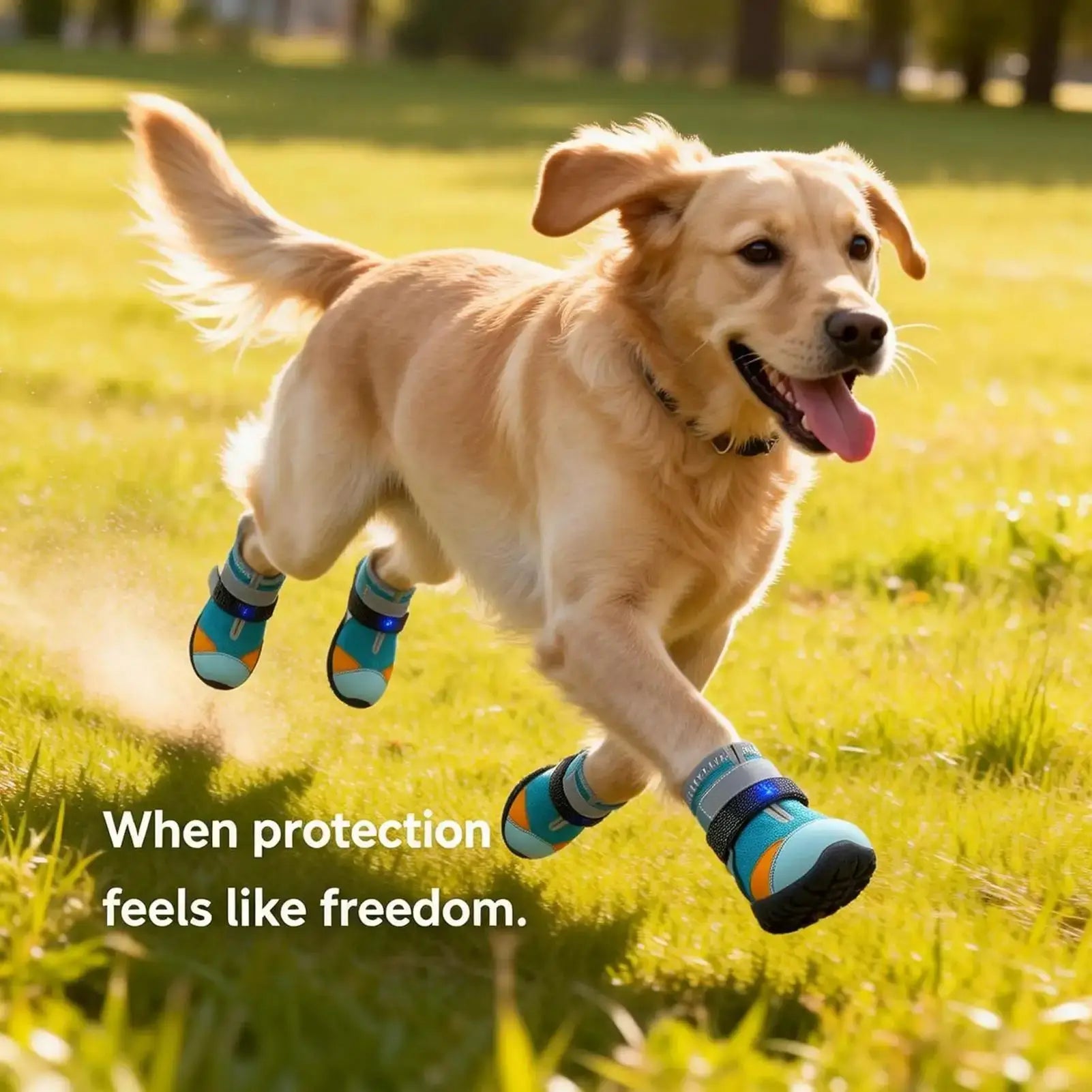 Light up dog shoes for summer on a happy golden retriever running in a grassy field.