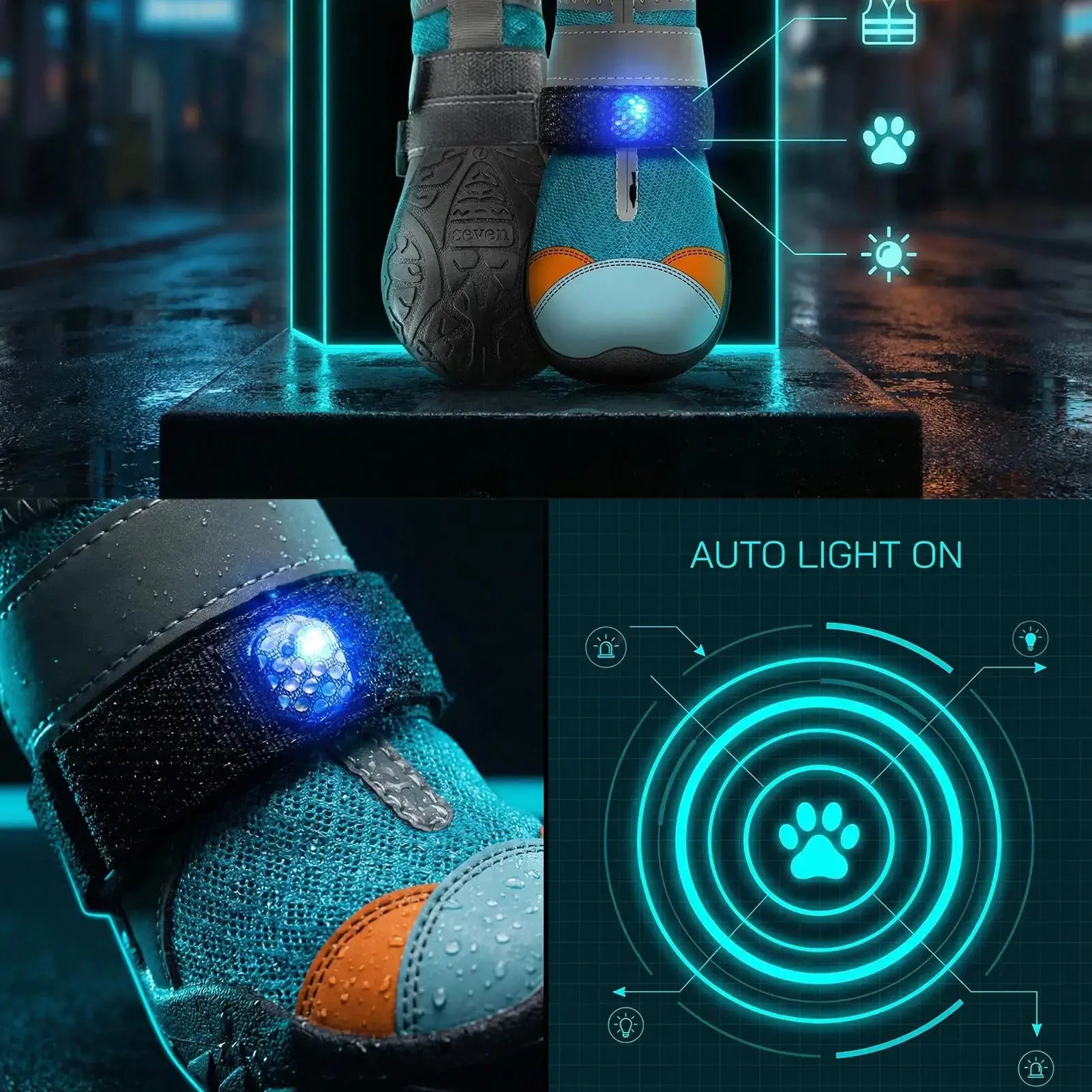 Light up dog shoes for summer with motion-activated LED lights, ideal for evening walks and pet safety.