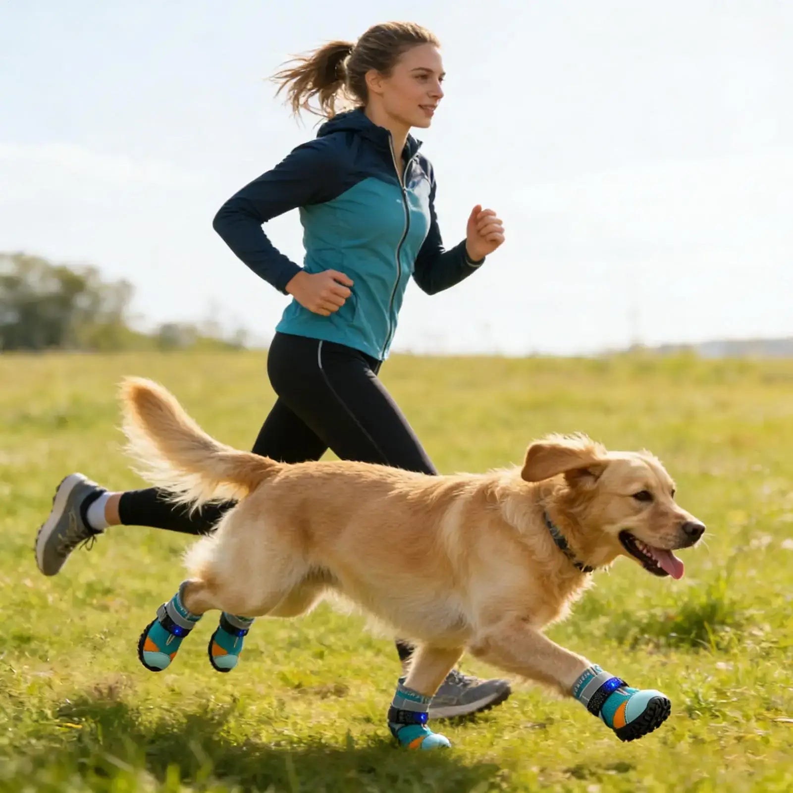 Light up dog shoes for summer on a golden retriever as it runs with its owner in a sunny outdoor field.
