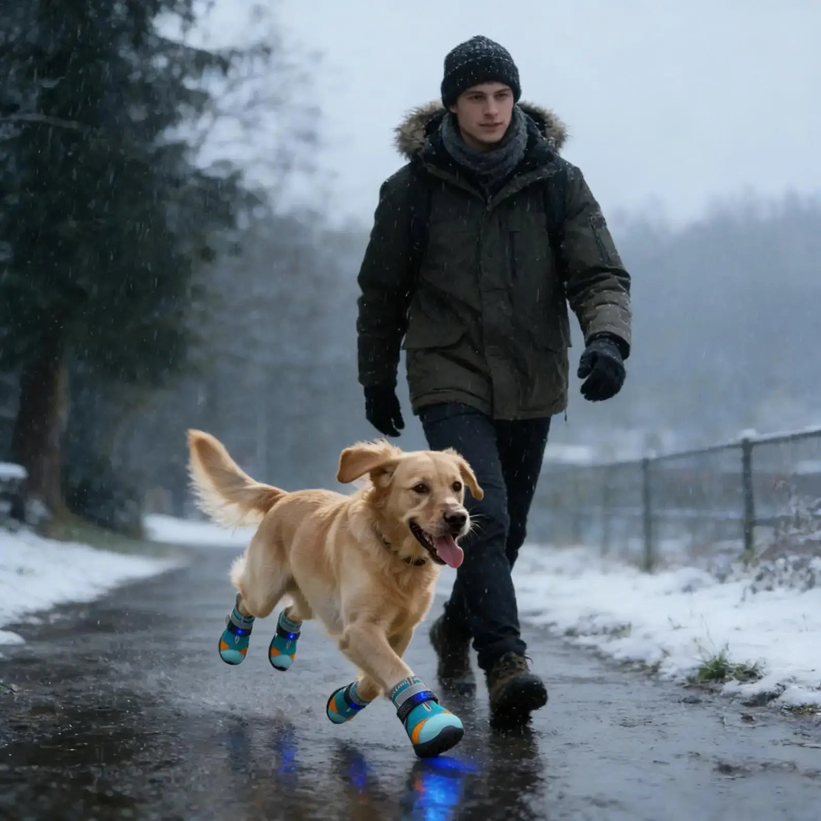 light up dog shoes for summer worn by a happy dog running with its owner during a winter outdoor walk.