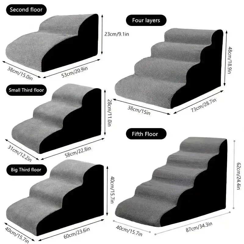 Memory foam dog stairs for small pets showing different sizes and dimensions for easy climbing.