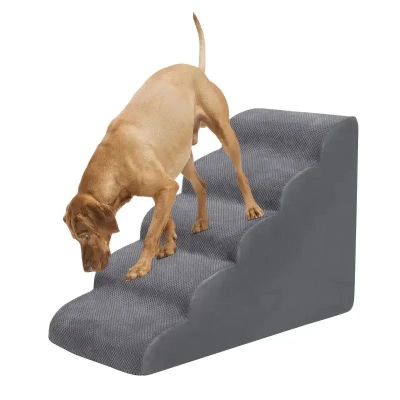 A small dog using memory foam dog stairs for small pets to climb onto furniture.