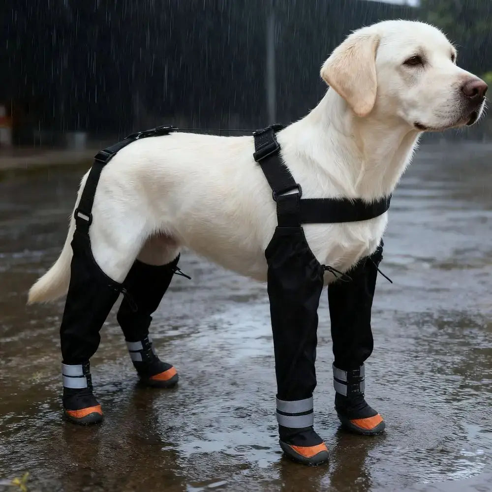 waterproof dog boots with suspender straps for Labrador protection on wet outdoor hikes and rough terrain