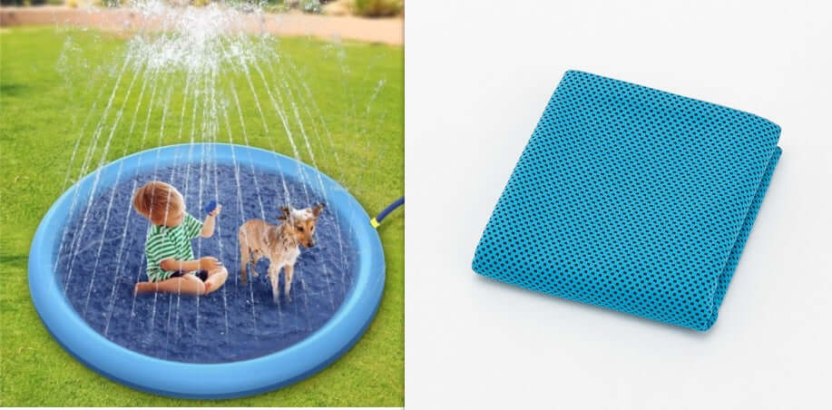 Non-slip splash pad for kids and dogs showing a child and a small dog playing in water with a blue mat.
