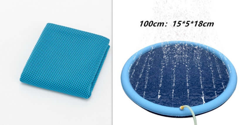 Non-slip splash pad for kids and dogs showing blue pad and round inflatable fountain size 100cm, perfect for summer fun.