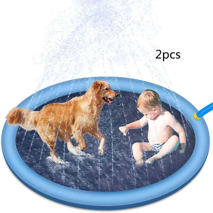 Non-slip splash pad for kids and pets with dog and child playing in water, blue color, 170cm, summer outdoor fun.
