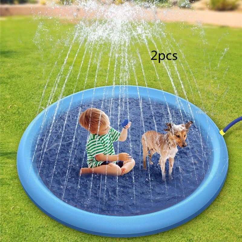 Non-slip splash pad for kids and pets featuring a child and a dog playing in water under a fountain, blue color, outdoor fun.