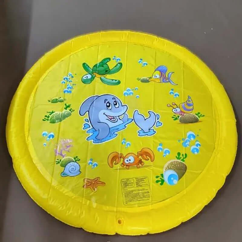 Non-slip splash pad for kids and pets featuring colorful underwater animals and a bright yellow design for summer fun.