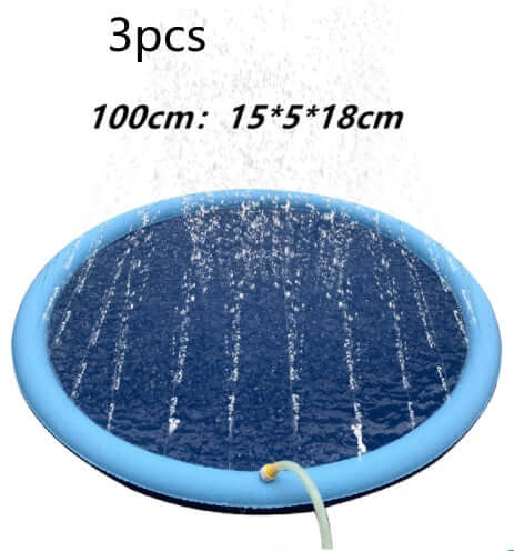 Non-slip splash pad for kids and pets, blue 100cm outdoor water toy, 3 pieces with fountain feature.