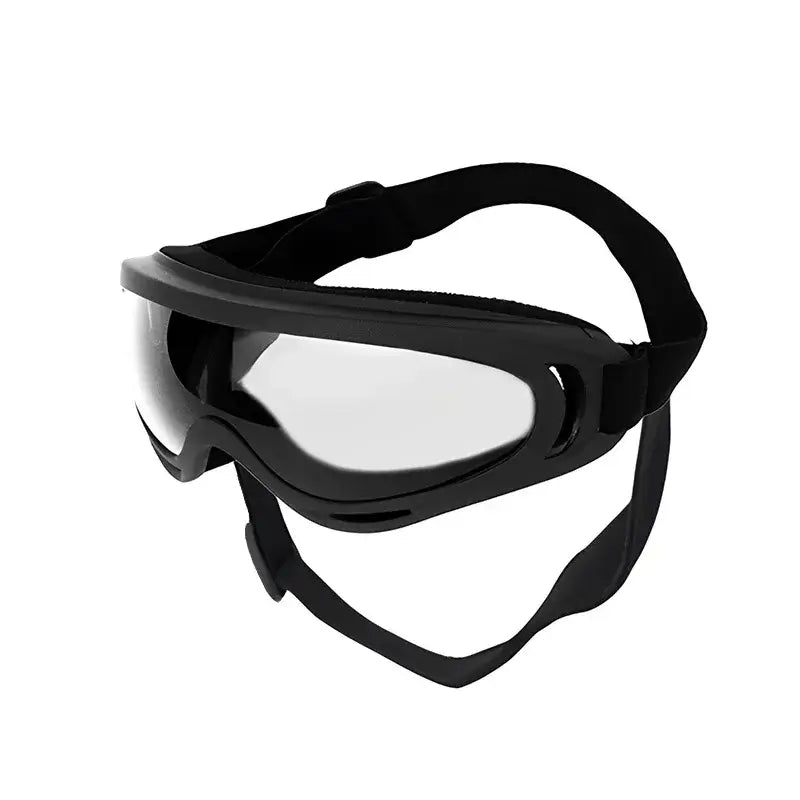 dog sunglasses with adjustable black soft PVC frame and transparent UV protection lenses for pets