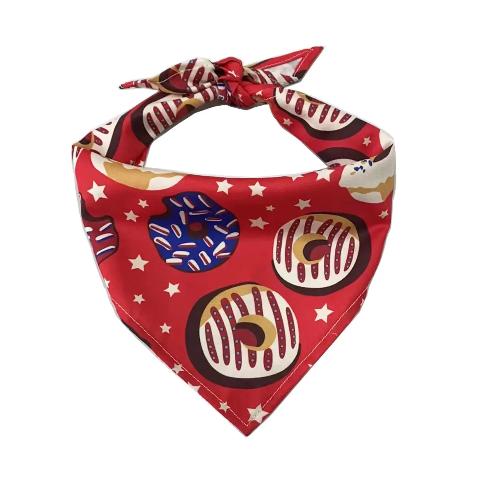 Red dog beach bandana polyester triangular scarf with donut print, cute summer holiday pet accessory for small medium large dogs