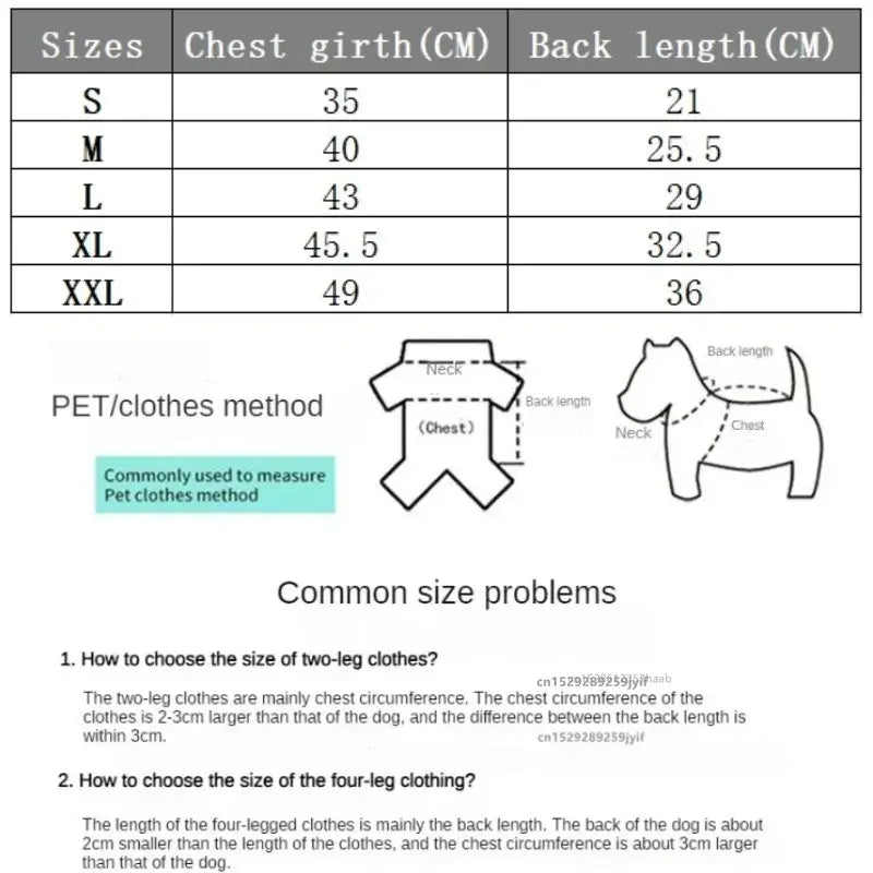 Size chart for waterproof dog jacket with harness, showing measurements for various dog sizes from S to XXL.