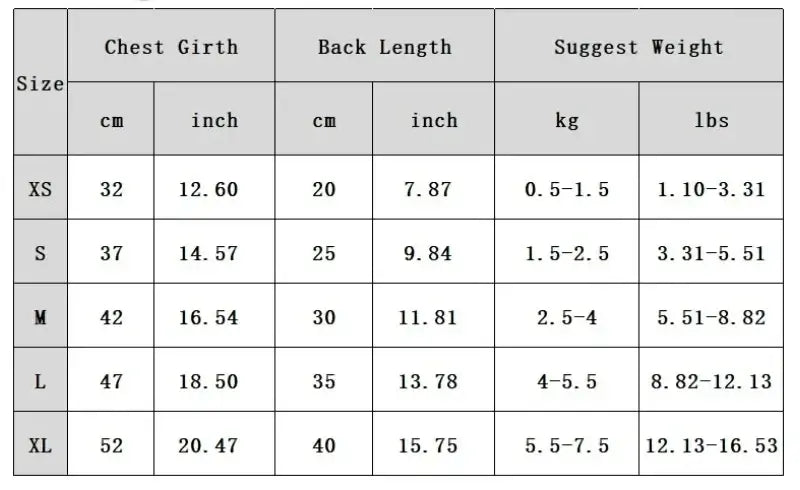 Size chart for dog sweater with hat set showing chest girth, back length, and suggested weight for XS to XL dogs