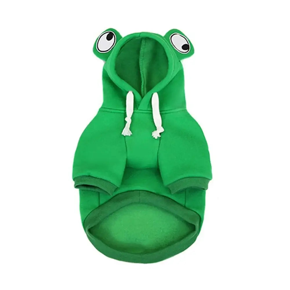 Green dog winter sweatshirt with frog hood, two-leg fit, and warm soft pullover design for small, medium, and large dogs