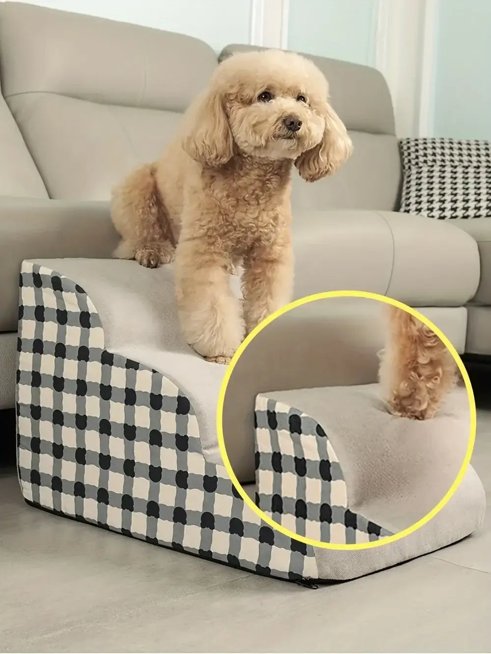 Small dog using 1pc pet stairs for sofa and bed, featuring 2/3 step foam ramp for easier access.