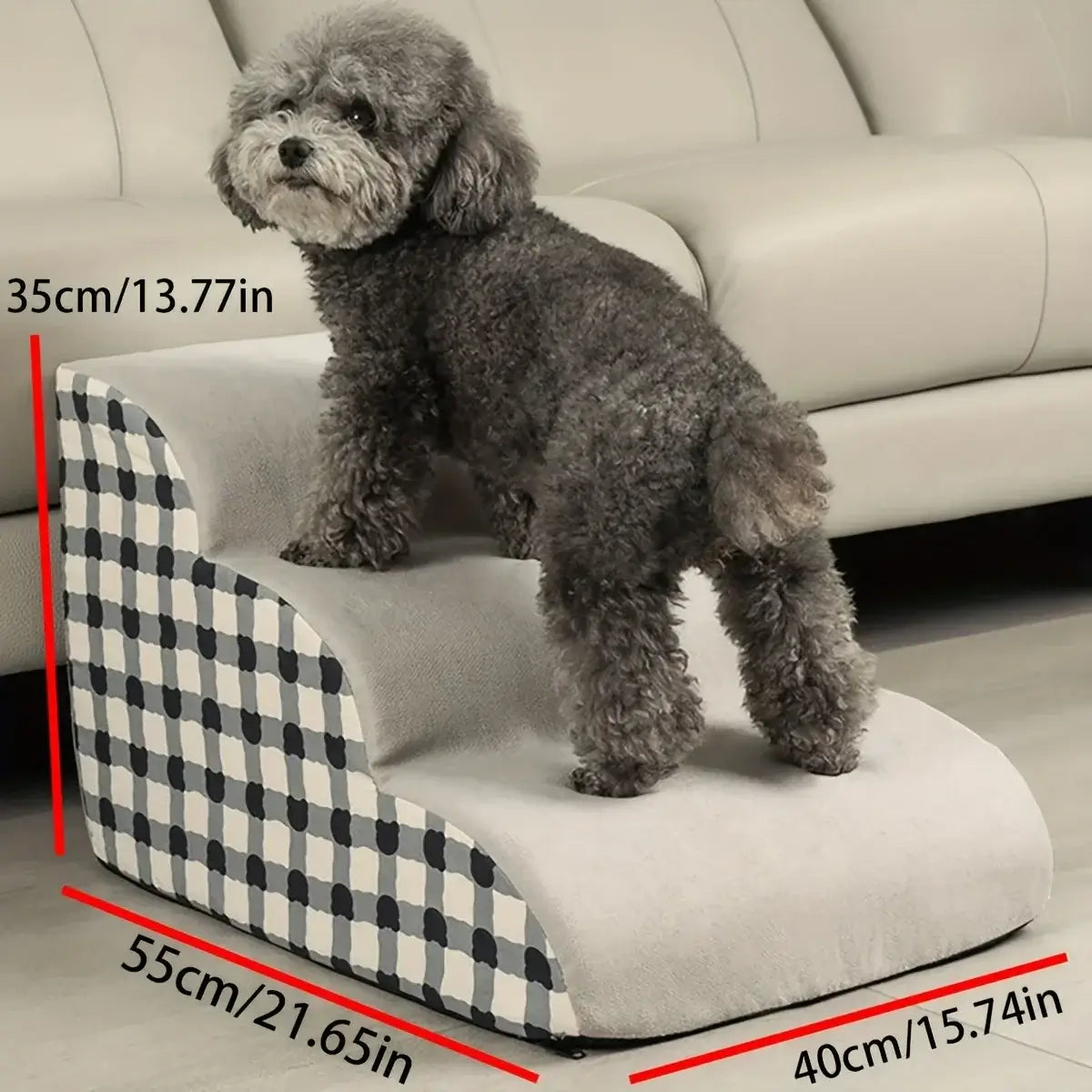 Small dog using pet stairs for small dogs, 2-step foam ramp for easy access to sofa and bed, non-slip design.