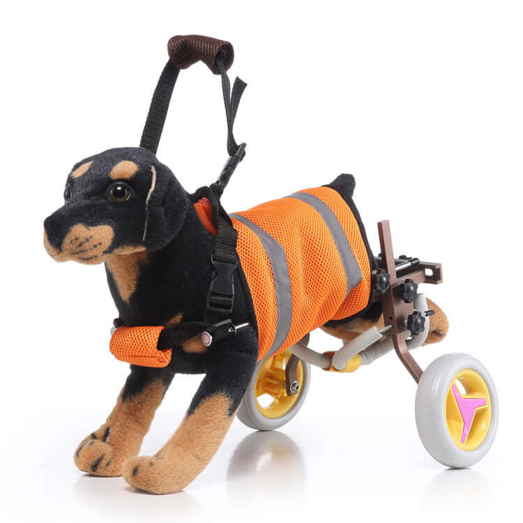 Dog wheelchair scooter for pets in orange, designed for disabled dogs, adjustable and supportive for mobility.