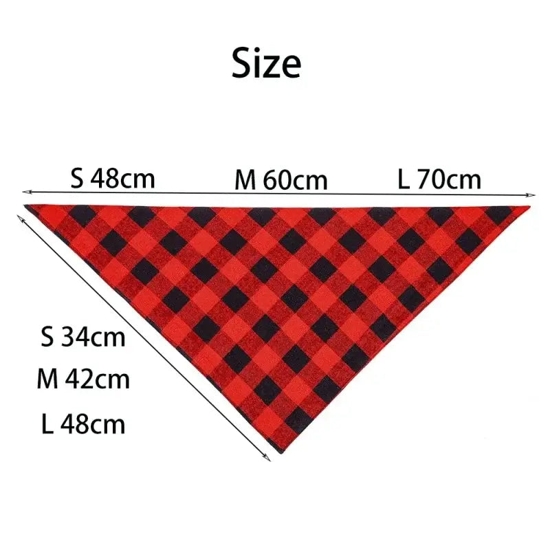 cotton dog bandana red plaid triangular pet scarf size chart for small, medium, and large dogs