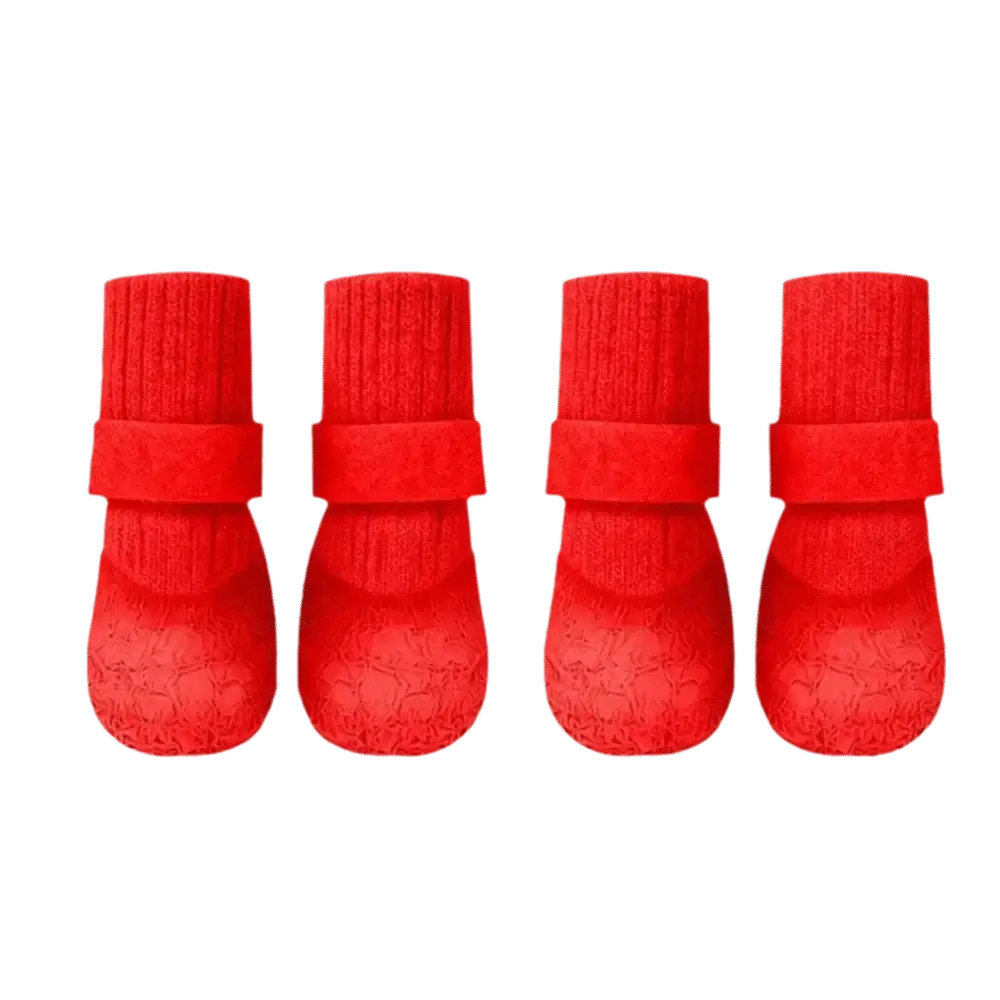 Red 4pcs set waterproof dog boots with non-slip wear-resistant soles, comfortable breathable winter pet shoes for dogs