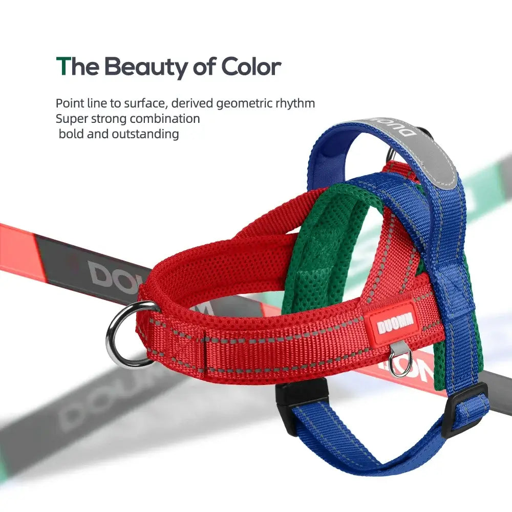 Saddle type dog harness for small, medium, and large dogs with reflective nylon chest strap for outdoor walking