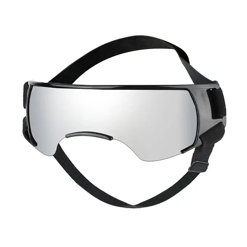 Gray small breed dog goggles with UV-blocking PC lenses and adjustable straps for outdoor eye protection