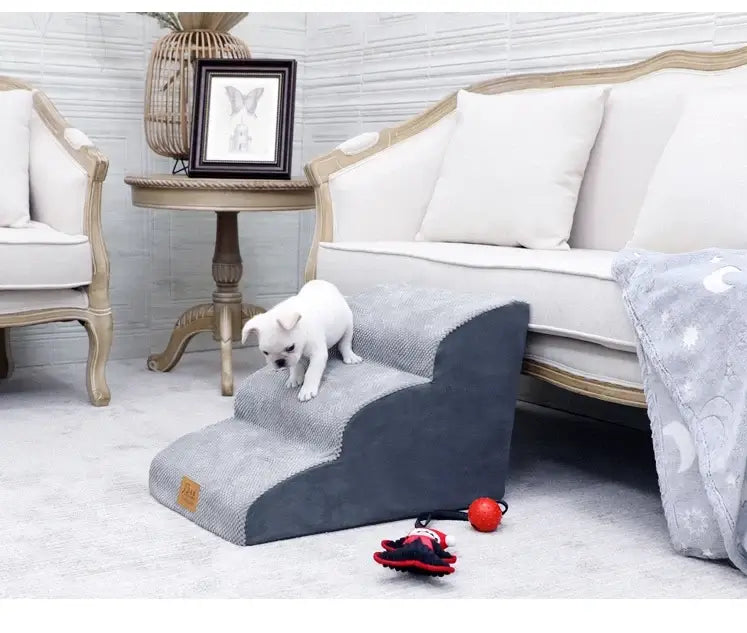 Anti-slip dog stairs for small dogs designed for easy access to furniture, featuring a soft, sturdy build with a cozy aesthetic.