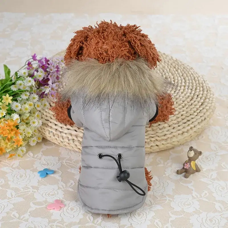 small dog winter jacket for French Bulldog, Chihuahua, and cats, warm gray pet coat with fur hood