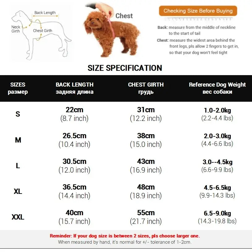 small dog winter sweater size specification chart for Chihuahua and Yorkie coats