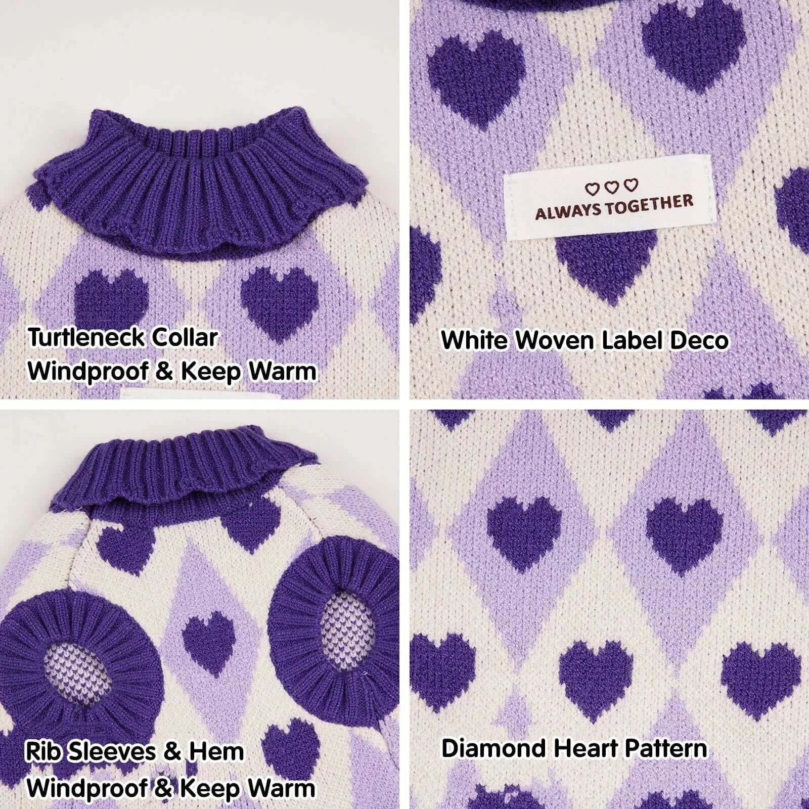 small dog winter sweater purple turtleneck with diamond heart pattern, warm knit puppy coat for Chihuahua and Yorkie