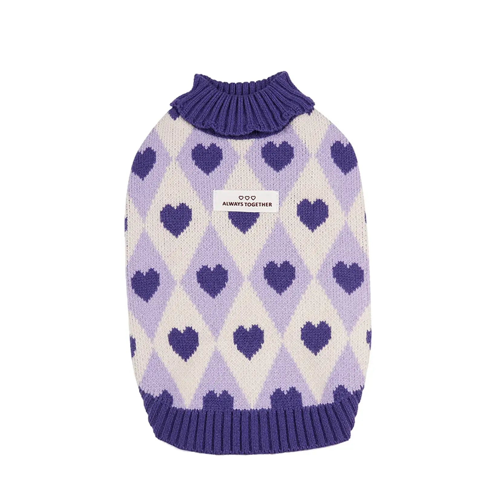 small dog winter sweater purple heart pattern knitted turtleneck puppy coat for Chihuahua and Yorkie, soft warm vintage style