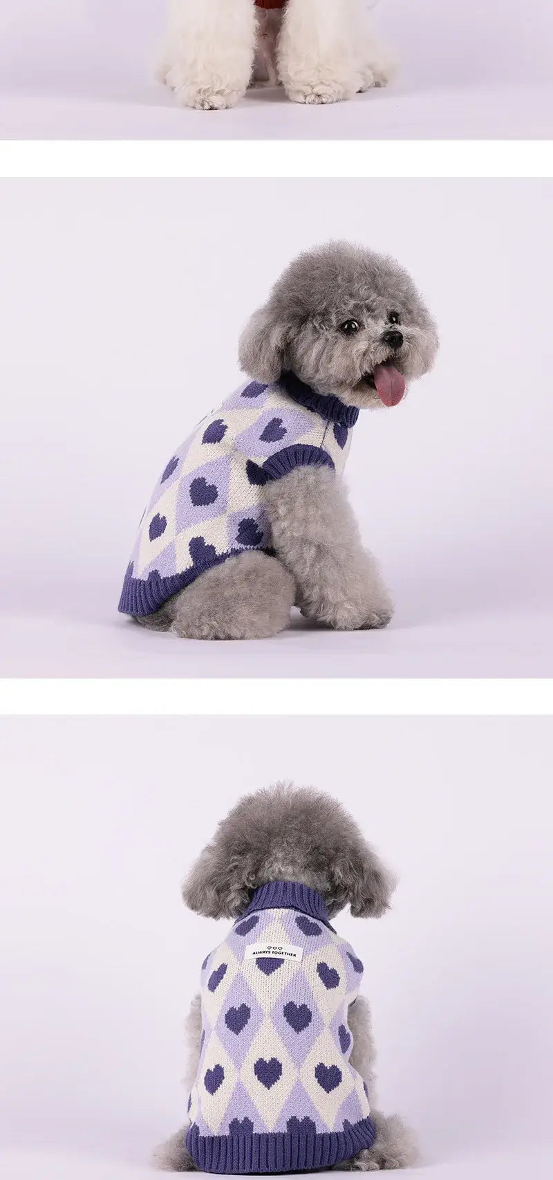 small dog winter sweater with heart pattern knitted turtleneck for Chihuahua and Yorkie in vintage purple