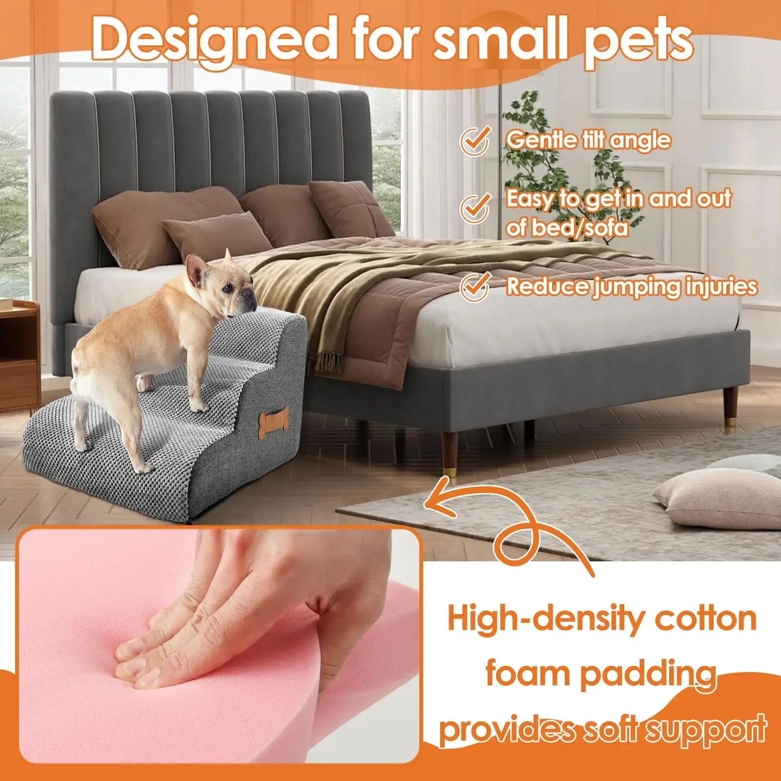 Dog safety ramp for elderly pets featuring gentle incline and soft foam padding for easy access to bed or sofa.