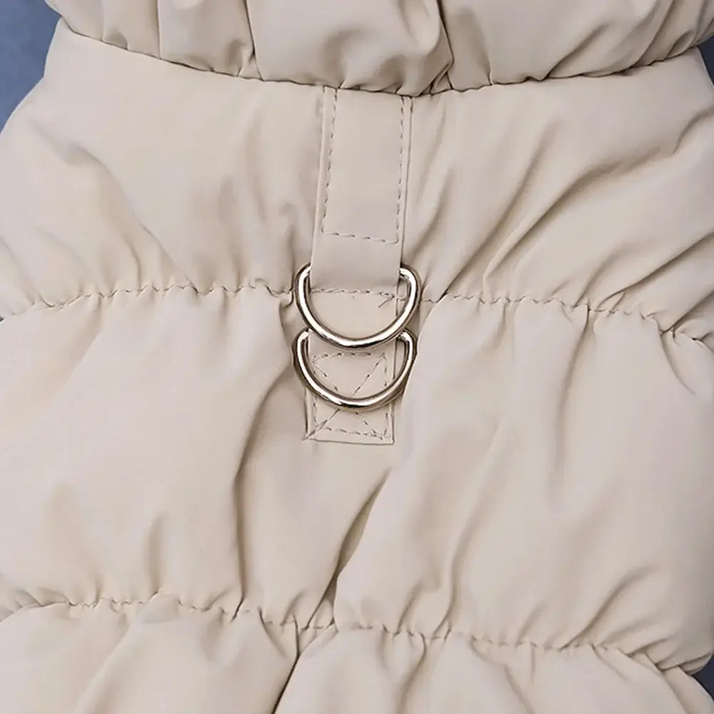 small dog winter coat beige padded dog jacket with metal D-ring, warm windproof pet outfit for winter