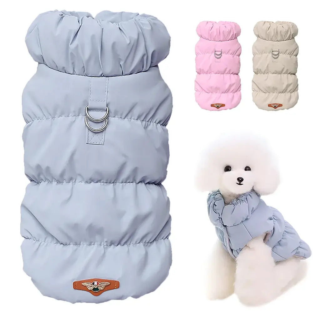 small dog winter coat padded warm pet jacket for Chihuahua, French Bulldog, and Poodle in blue, pink, and khaki