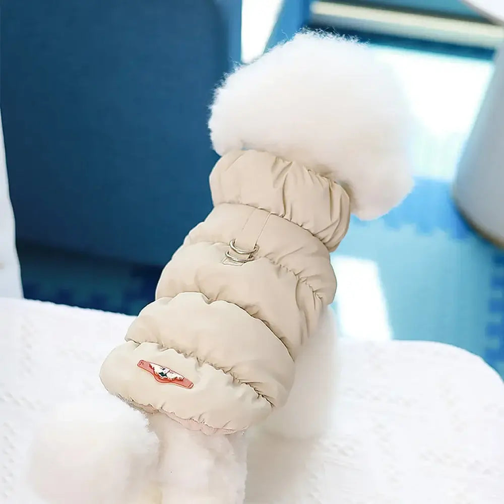 small dog winter coat for small and medium dogs, warm padded beige pet jacket with fluffy hood