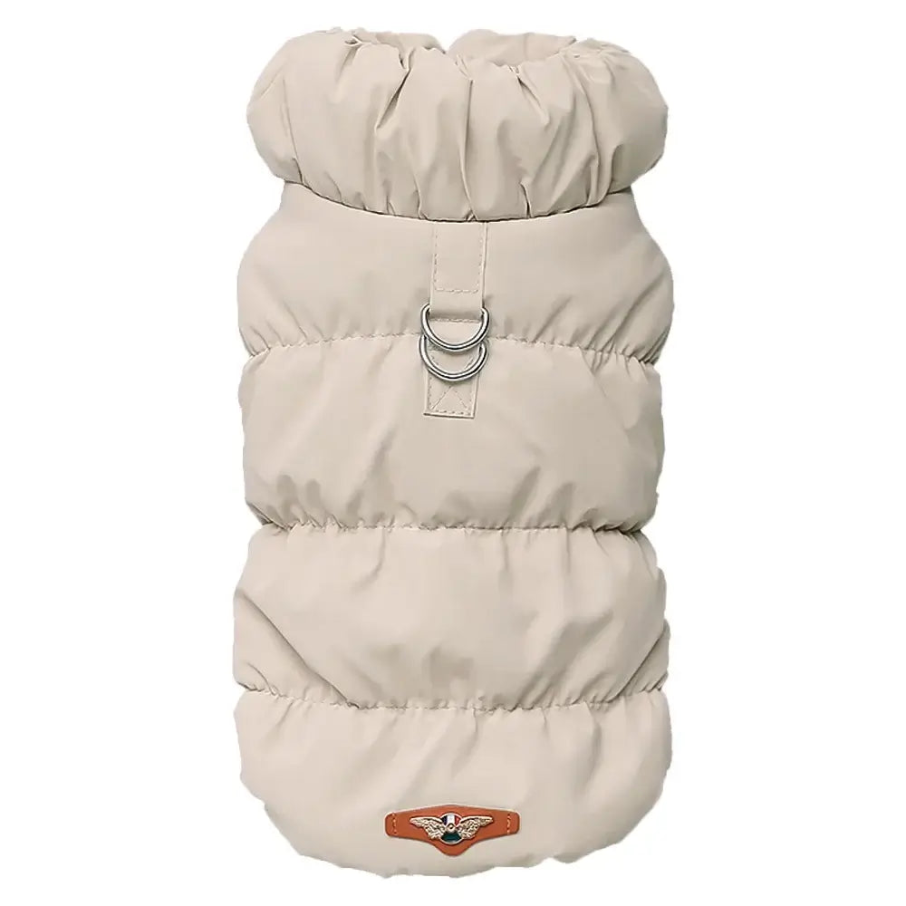 small dog winter coat padded beige dog jacket with ring detail, warm windproof pet outfit for small and medium dogs