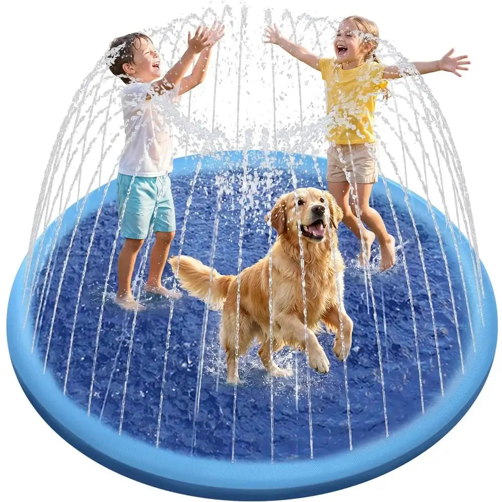 Children playing with a dog in an inflatable dog swimming pool sprinkler mat outdoor fountain.
