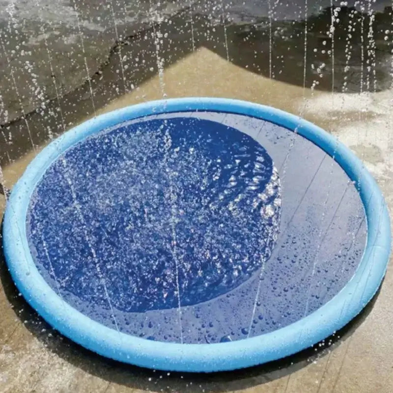 Inflatable dog swimming pool sprinkler mat with water spraying for summer fun.